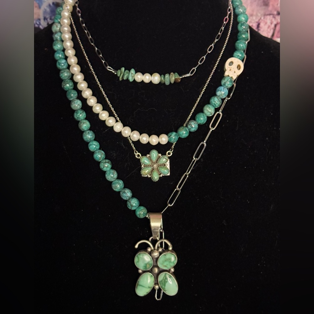 Turquoise Fresh Water Pearls half necklace with skull  New handstrung